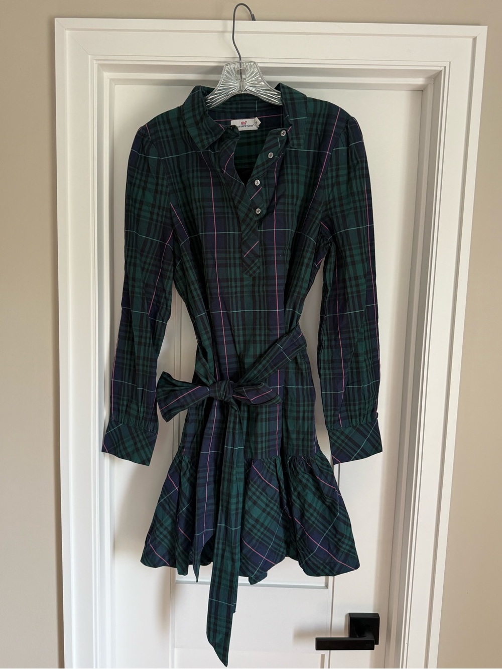Vineyard Vines Plaid Belted Shirt Dress Green Navy Size M